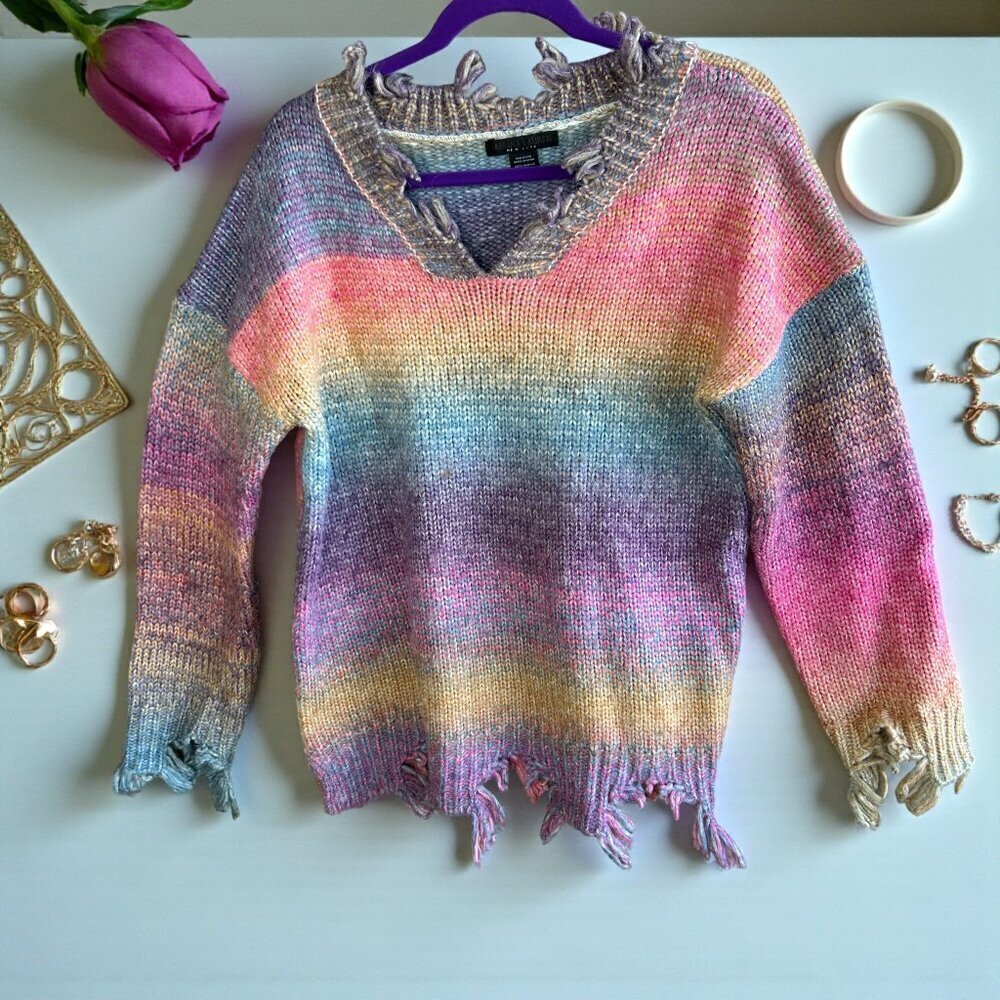 Sabrina Lauren Ombre Rainbow Stripe Raw Edge Sweater Size Large